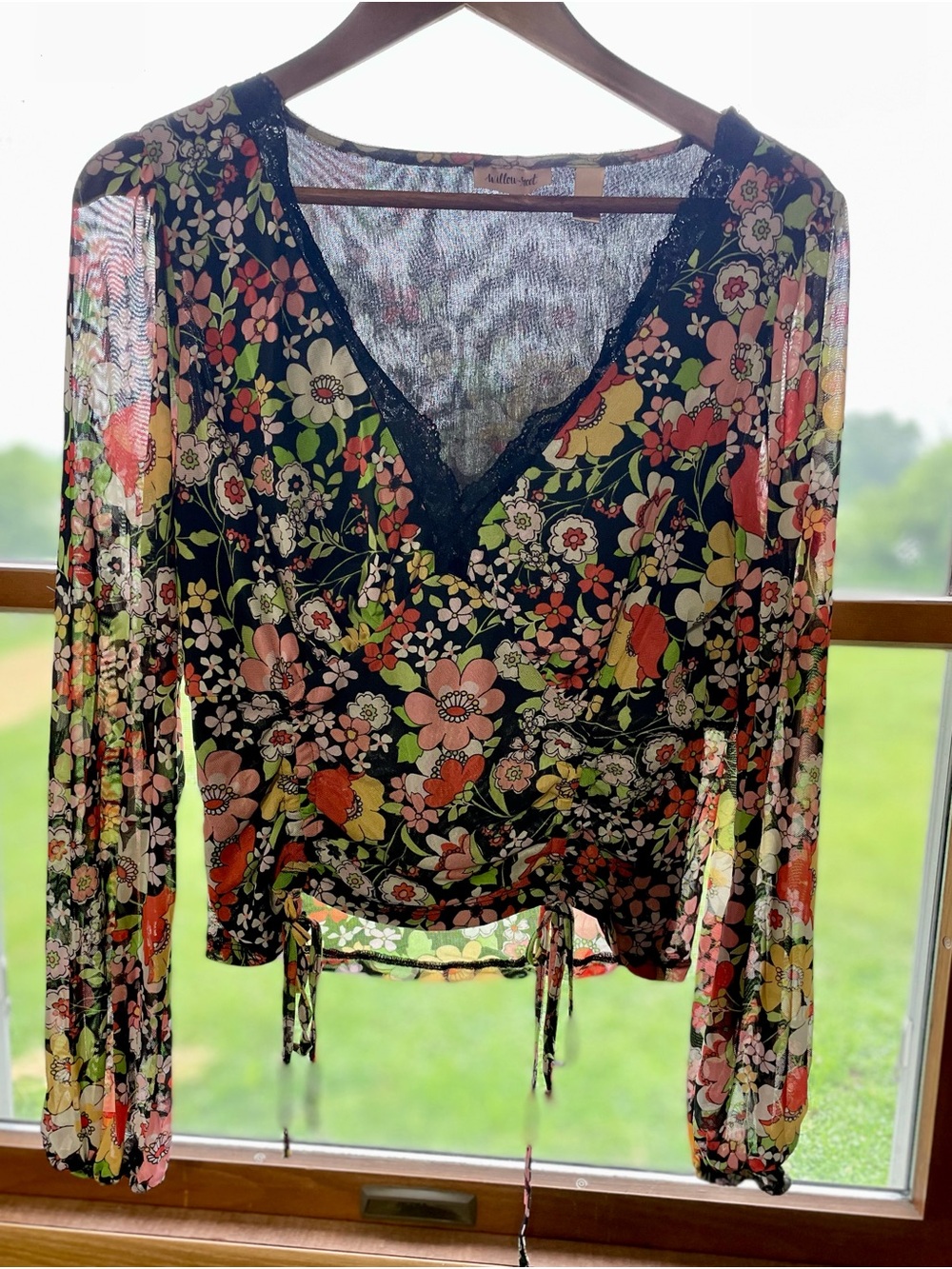 Buckle Black Floral V-Neck Sheer Blouse with Pink & Green Flowers